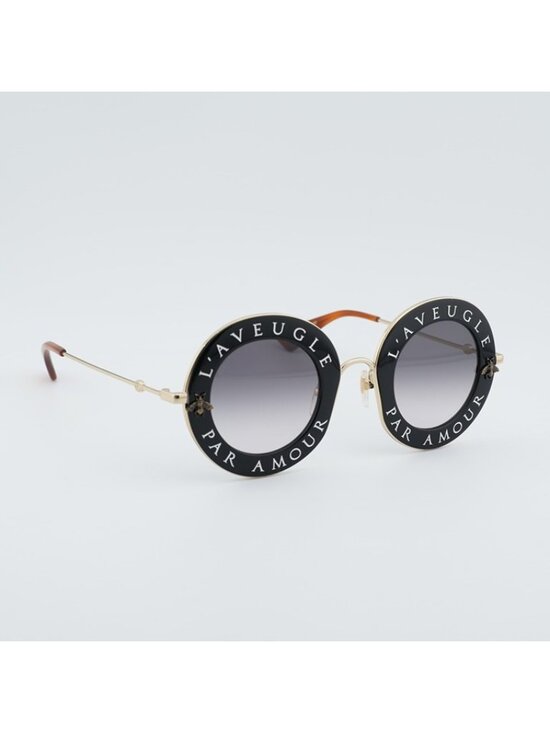 Gucci GG0113S 001 Sunglasses Black Gold Round Frame, Grey Gradient Lenses main image 13